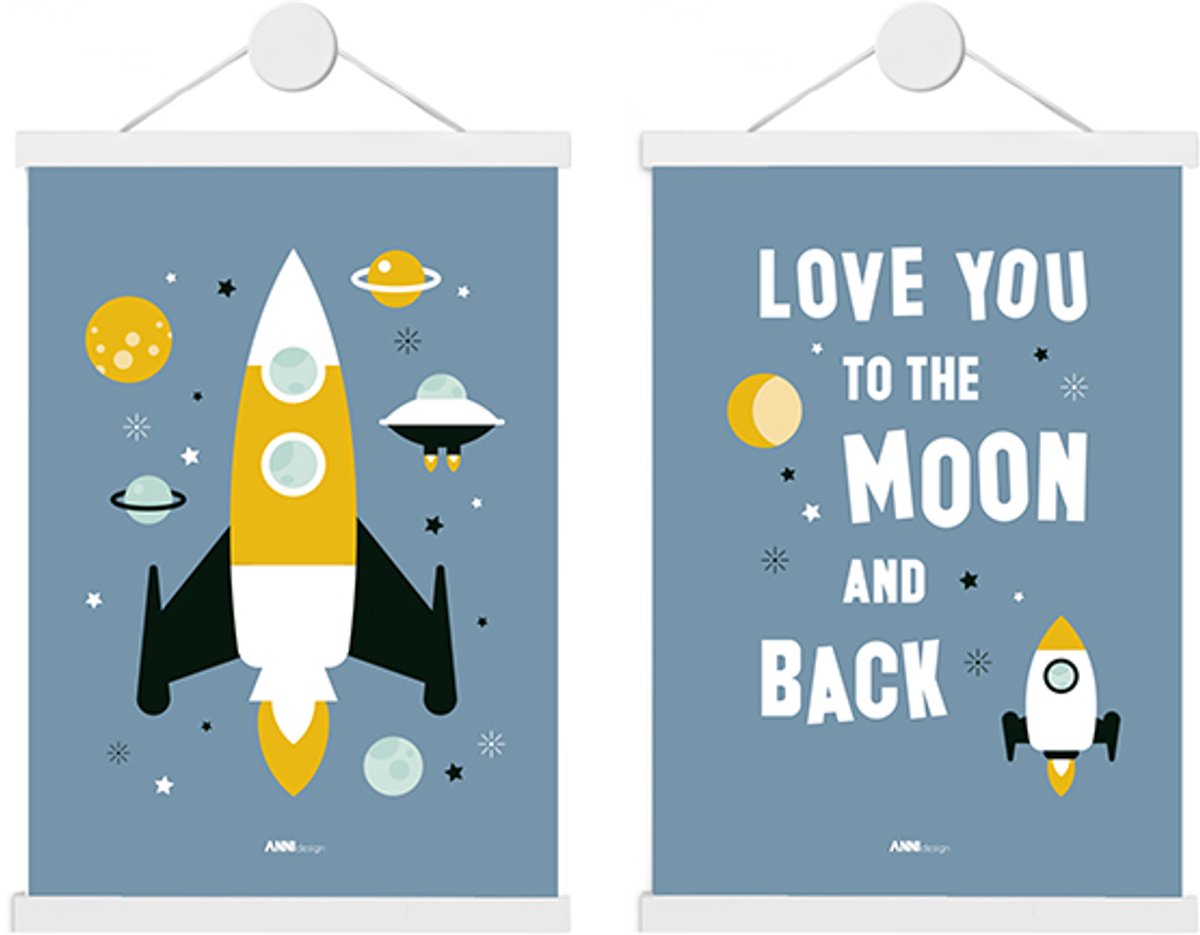 Poster set Raket blauw 2x maat A4 – raket – ruimte – ruimtevaart - kinderkamer - jongenskamer - muurdecoratie - kinderkamerstyling – kinderkameraccessoire