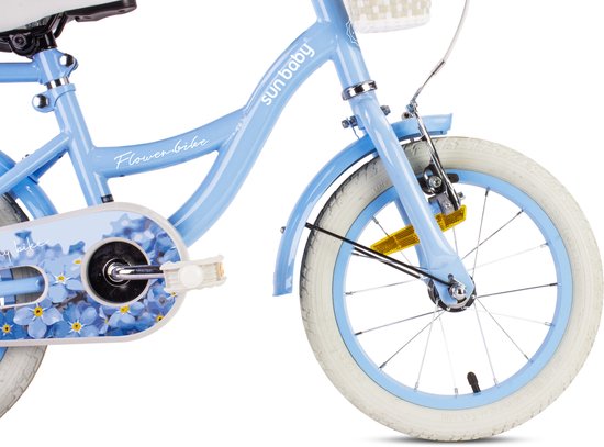 Flower Bike Fiets voor een meisje van 3 tot 5 jaar, 14 inch Blauw, met fietsbel, zijwieltjes, duwstang en stuurmandje — afbeelding 3