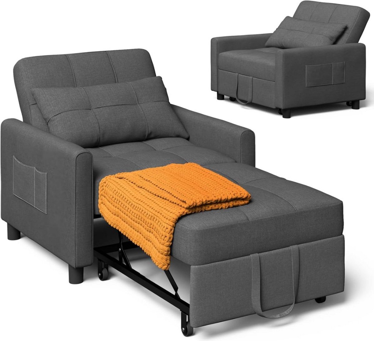 Thuys – Slaapbank 1 Persoons – 3 - In - 1 Bank Met Slaapfunctie – Verstelbare Bedbank – Donkergrijs
