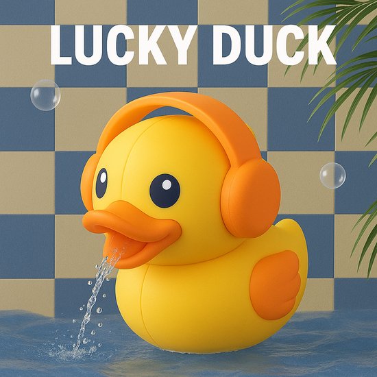 Yellow rubber duck with orange headphones, spraying water from its beak.