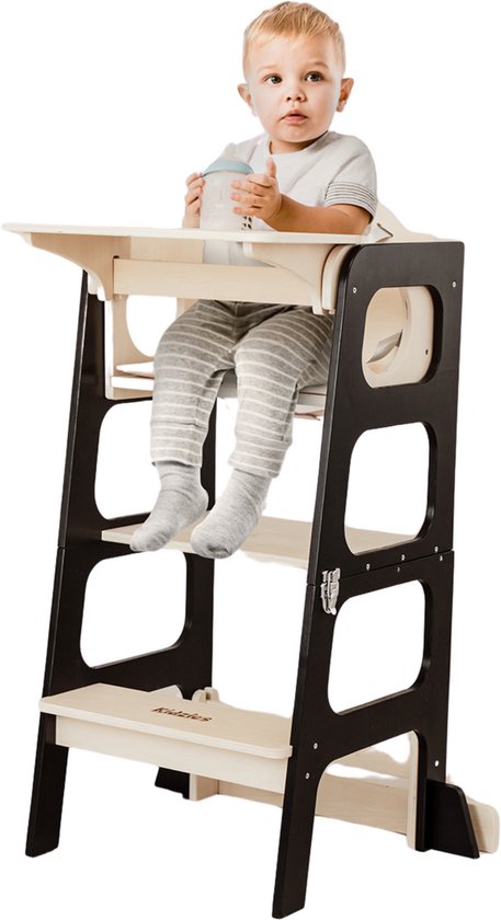 Kidzies Leertoren - Keukenhulp– Inclusief kussen – Inclusief Eetblad - 3 in 1 - Houten Kinderstoel - Hoge babystoel - 3-punts gordels – Kindertrap - Speeltafel