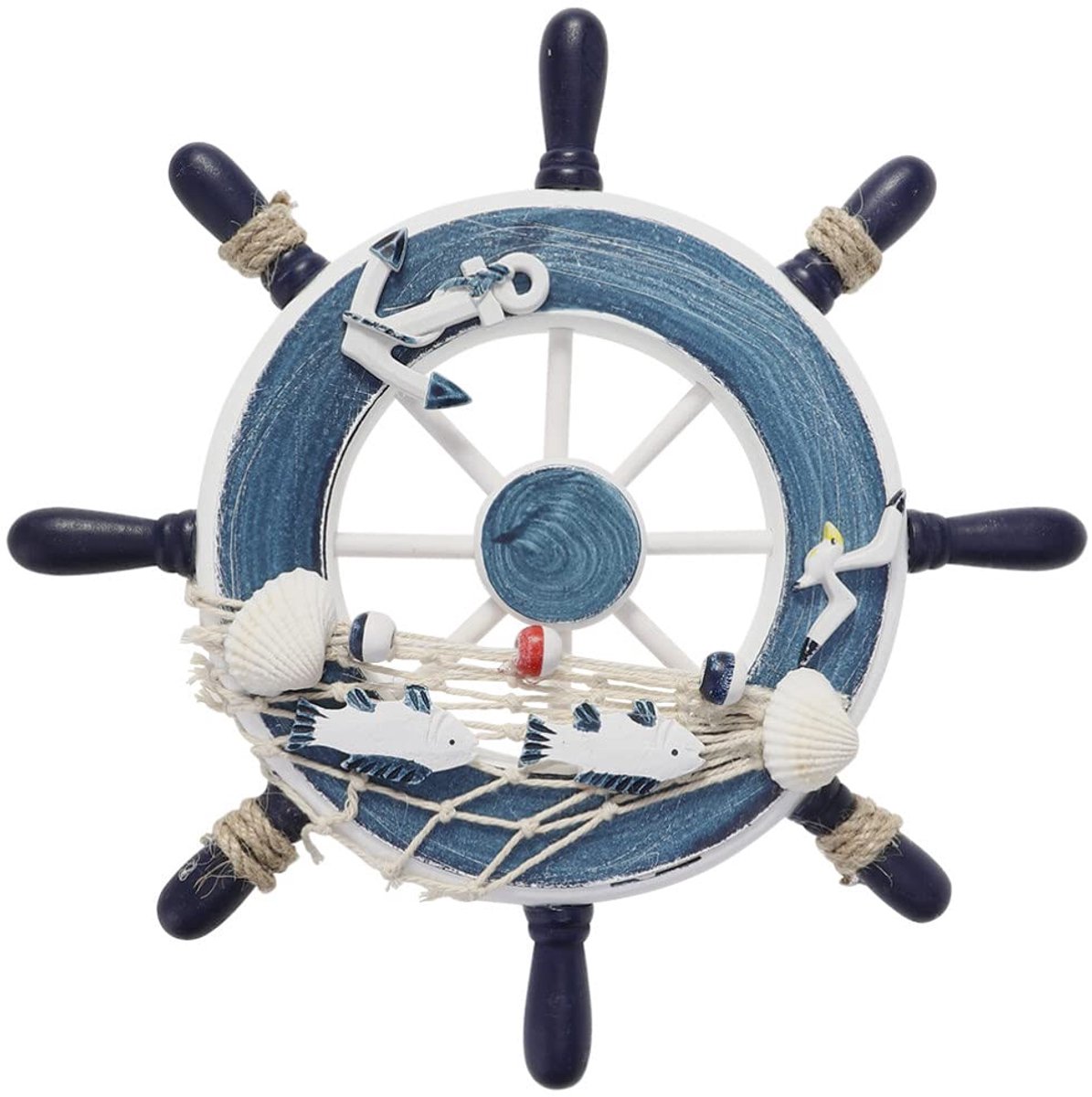 Ibenzoa® Charmant Houten Schip Stuurwiel voor Nautische Muurdecoratie, Inclusief Schelpen en Visnet, 23 cm Diameter