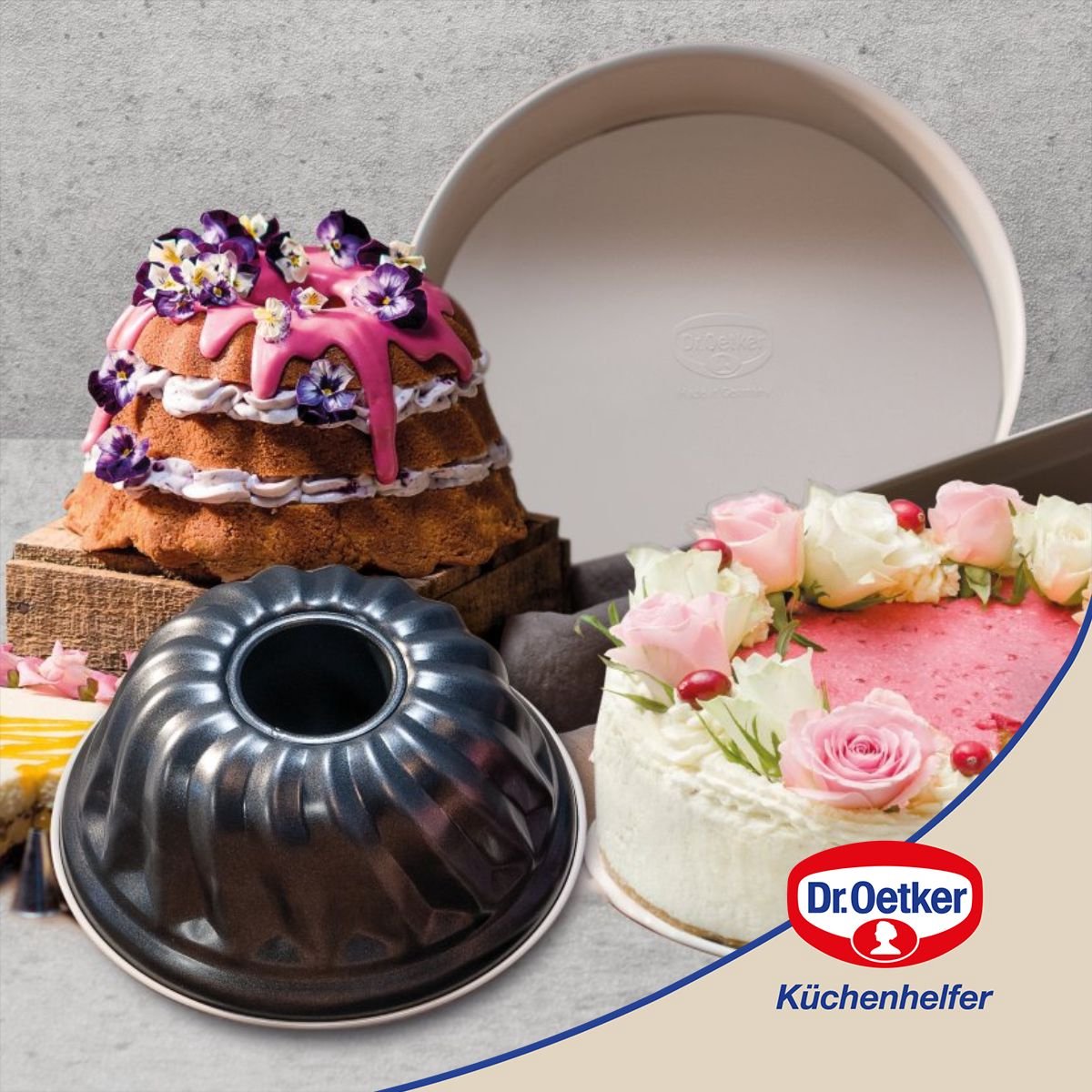 Dr. Oetker 3'er bakvormen-set met springvorm 26, tulbandvorm 22 en vierkante bakvorm 30 x 13 cm uit staal met keramisch versterkte ILAG anti-aanbaklaag