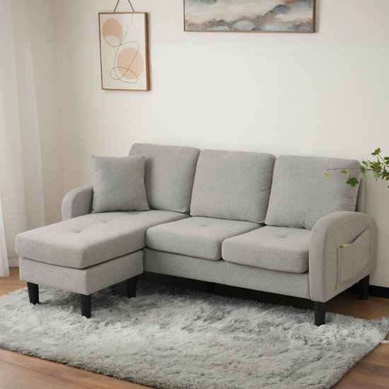 Sweiko Hoekbank - Chaise longue - 3 zits - Katoen linnen stof - Modulair ontwerp - Lichtgrijs