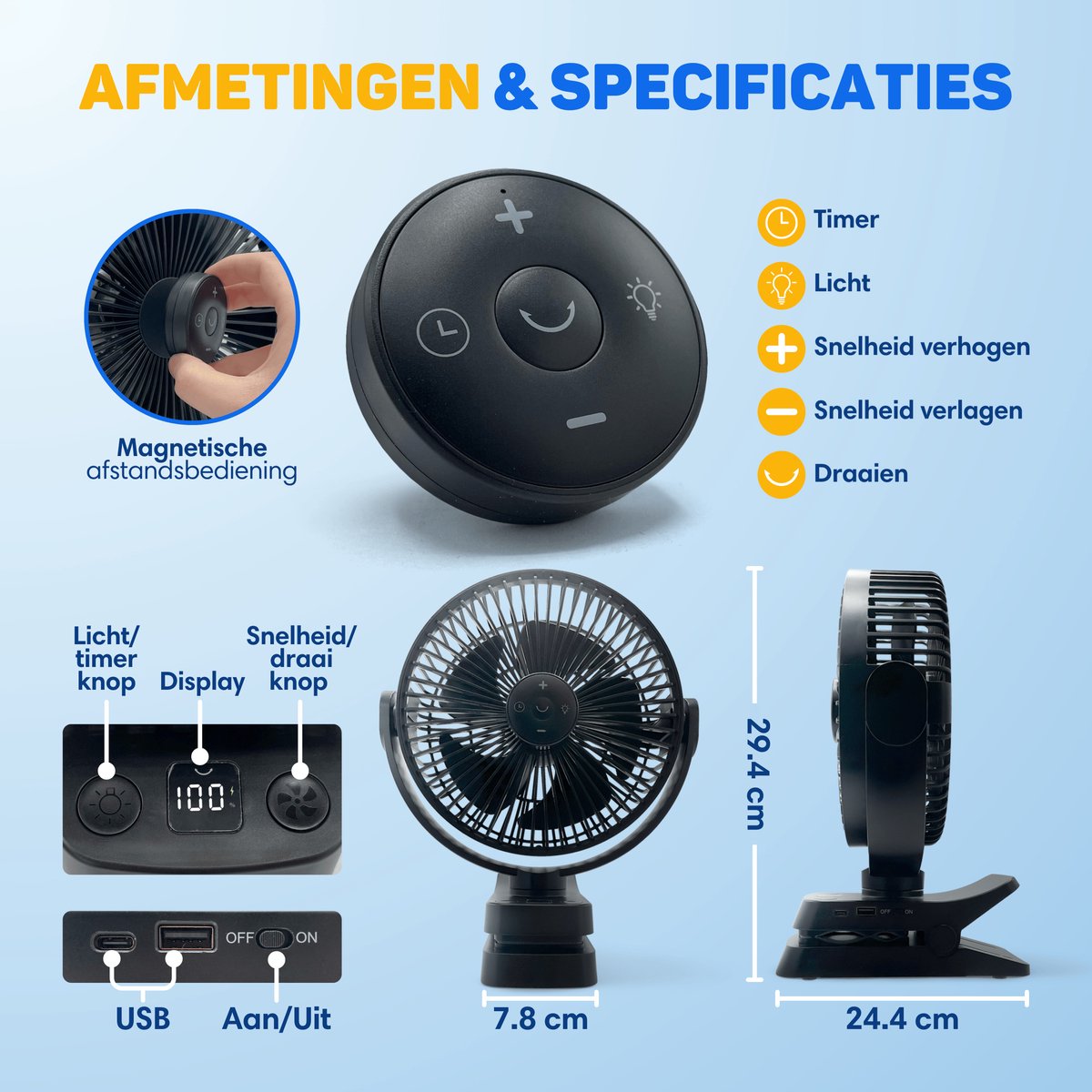 Vulpes Goods® Tech - Tafelventilator MAX - Ventilator - Oplaadbaar & Draadloos - Stille USB Ventilator met Afstandsbediening - 5 Snelheden & Verlichting - Ultra Stil - 12000 mAh & Powerbankfunctie - Zwart — afbeelding 9