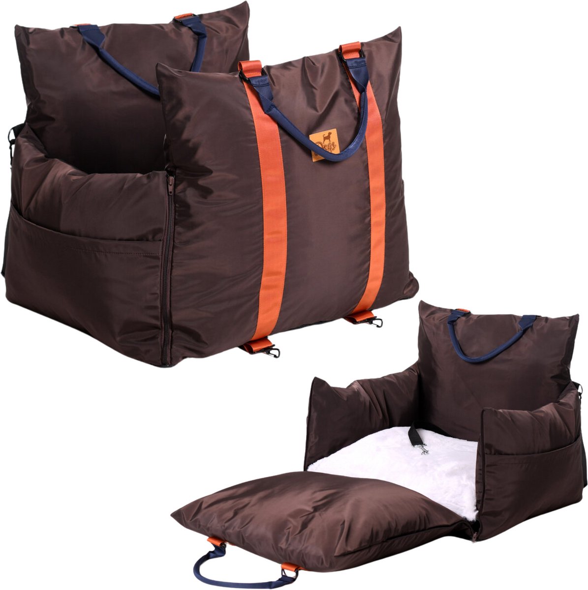 Dogs&Co® ROYAL+ Luxe Honden Autostoel Choco - met Opbergzakjes & hondenriem - Autostoel Hond - Hondenmand - Hondenkussen - Hondenbed - Honden
