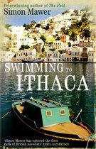 Boekomslag voor 'Swimming to Ithaca' van Simon Mawer, met een boot op de voorgrond en een stad aan een heuvel op de achtergrond.
