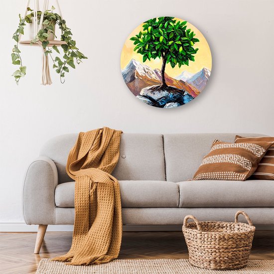 Boom en bergen op - Boom wandcirkel - Wandschalen planten - Expressionisme - Industriële muurcirkel aluminium - Muurdecoratie slaapkamer - muurcirkel aluminium 60x60 cm