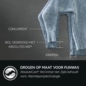 Binnenmouw van een blauwe wollen trui, met label 'Wol gedroogd met AbsoluteCare®'.