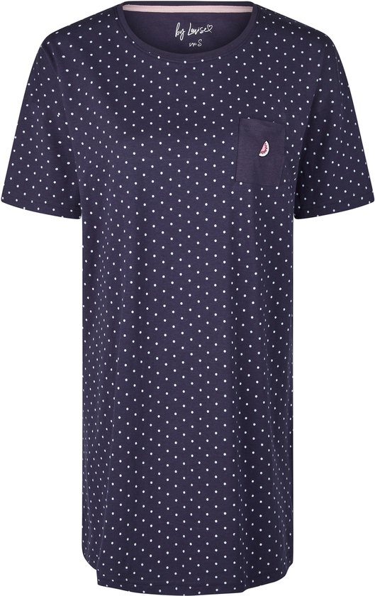 Donkerblauw nachthemd met witte stippen, korte mouwen en borstzakje met print.