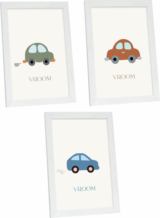 Deknudt Frames - ingelijste poster voor kinderkamer - 3 posters 20x30cm van auto's in wit kader - babykamer decoratie - auto posters