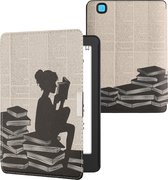 kwmobile hoes geschikt voor Kobo Aura Edition 2 - Magnetische sluiting - E reader cover in zwart / beige - Meisje met boeken design