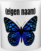 Akyol - blauwe vlinder met eigen naam Mok met opdruk - vlinder - dieren liefhebber - mok met eigen naam - iemand die houdt van vlinders - verjaardag - cadeau - kado - geschenk - 350 ML inhoud