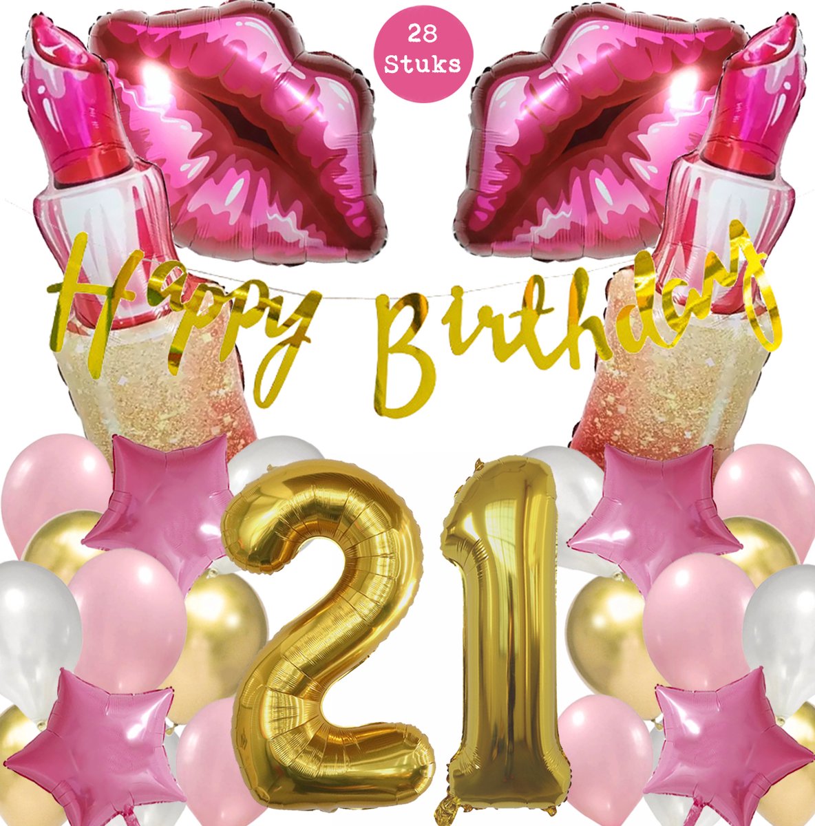 Snoes Mega Beauty Helium Ballonnen Set 21 Jaar - Roze Helium Folieballonnen - Slinger Happy Birthday Goud