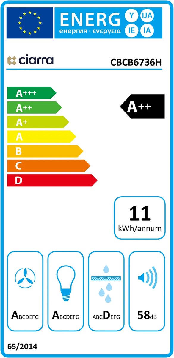 CIARRA CBCB6903 Afzuigkap 60cm, Onderbouwkap Afzuigkap, Muurkap, Energie- Efficiëntieklasse-C Afvoerlucht/recirculatiemodus Drukknopschakelaar