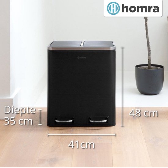 Poubelle à tri sélectif Homra SPARQ avec 3 compartiments - Contenu 3 x 18 L - Poubelle trio à pédale en noir - Poubelle 54 litres