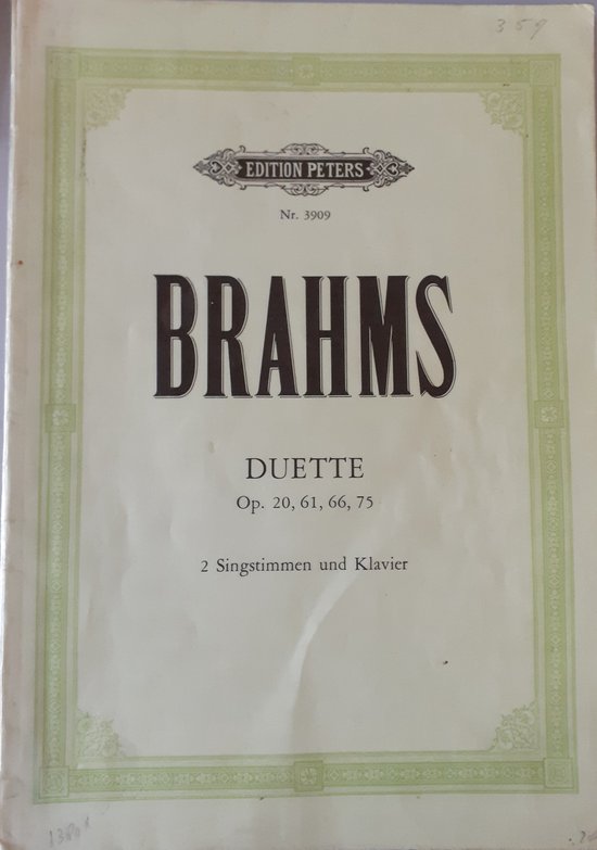 Partition avec 'BRAHMS DUETTE Op. 20, 61, 66, 75' et '2 Singstimmen und Klavier' en lettres noires, avec un cadre décoratif vert.