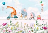 Papier peint photo - Papier peint intissé - Fleurs et Animaux heureux - Papier peint pour enfants scandinave - 416 x 290 cm
