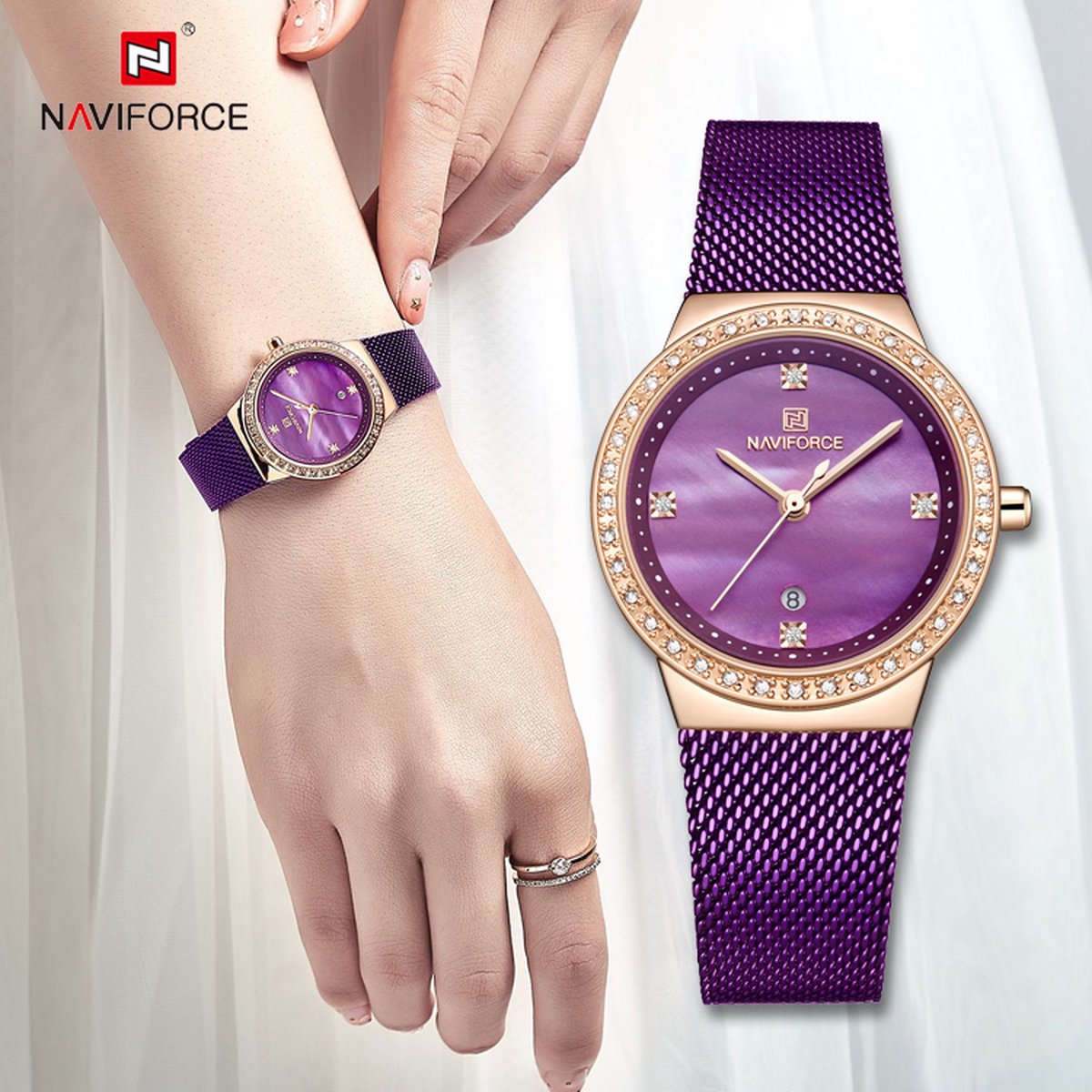 NAVIFORCE horloge met paarse metalen polsband, paarse wijzerplaat en rosé gouden horlogekast voor dames met stijl ( model 5005 RGPE )