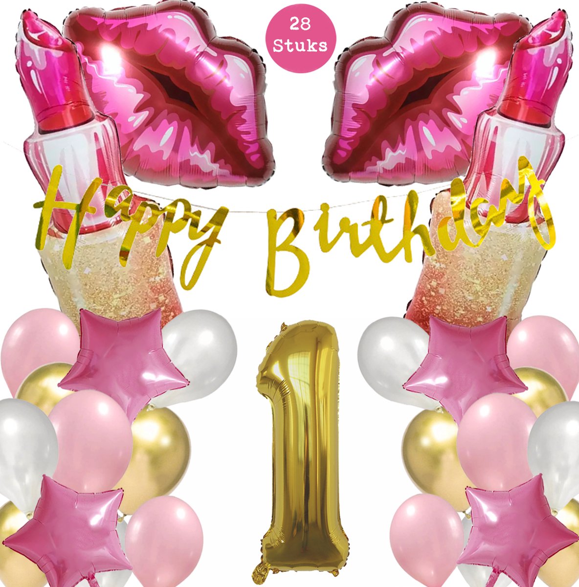 Snoes Mega Beauty Helium Ballonnen Set 1 Jaar - Roze Helium Folieballonnen - Slinger Happy Birthday Goud