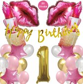 Snoes Mega Beauty Helium Ballonnen Set 1 Jaar - Roze Helium Folieballonnen - Slinger Happy Birthday Goud