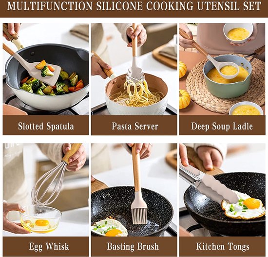Set keukengerei, 24-delig, anti-aanbaklaag, hittebestendige siliconen, spatelset met houder, houten handvat