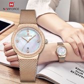 NAVIFORCE horloge met rosé gouden metalen polsband, witte wijzerplaat en rosé gouden horlogekast voor dames met stijl ( model 5005 RGW )