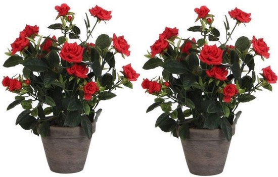 2x Roses rouges plante artificielle 33 cm en pot gris stan - Plantes artificielles / fausses plantes