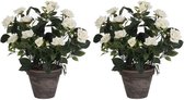 Mica Decorations Kunstplant - 2x - rozen - wit - in grijze pot - 33 cm