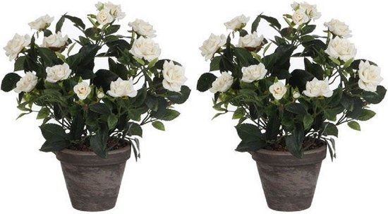 2x Witte rozen kunstplant 33 cm in pot stan grey - Kunstplanten/nepplanten