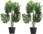2x Groene Monstera/gatenplant kunstplant 70 cm in zwarte plastic pot - Kamerplant kunstplanten/nepplanten