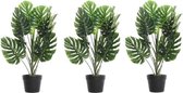3x Groene Monstera/gatenplanten kunstplanten 70 cm in zwarte plastic pot - Kamerplant kunstplanten/nepplanten