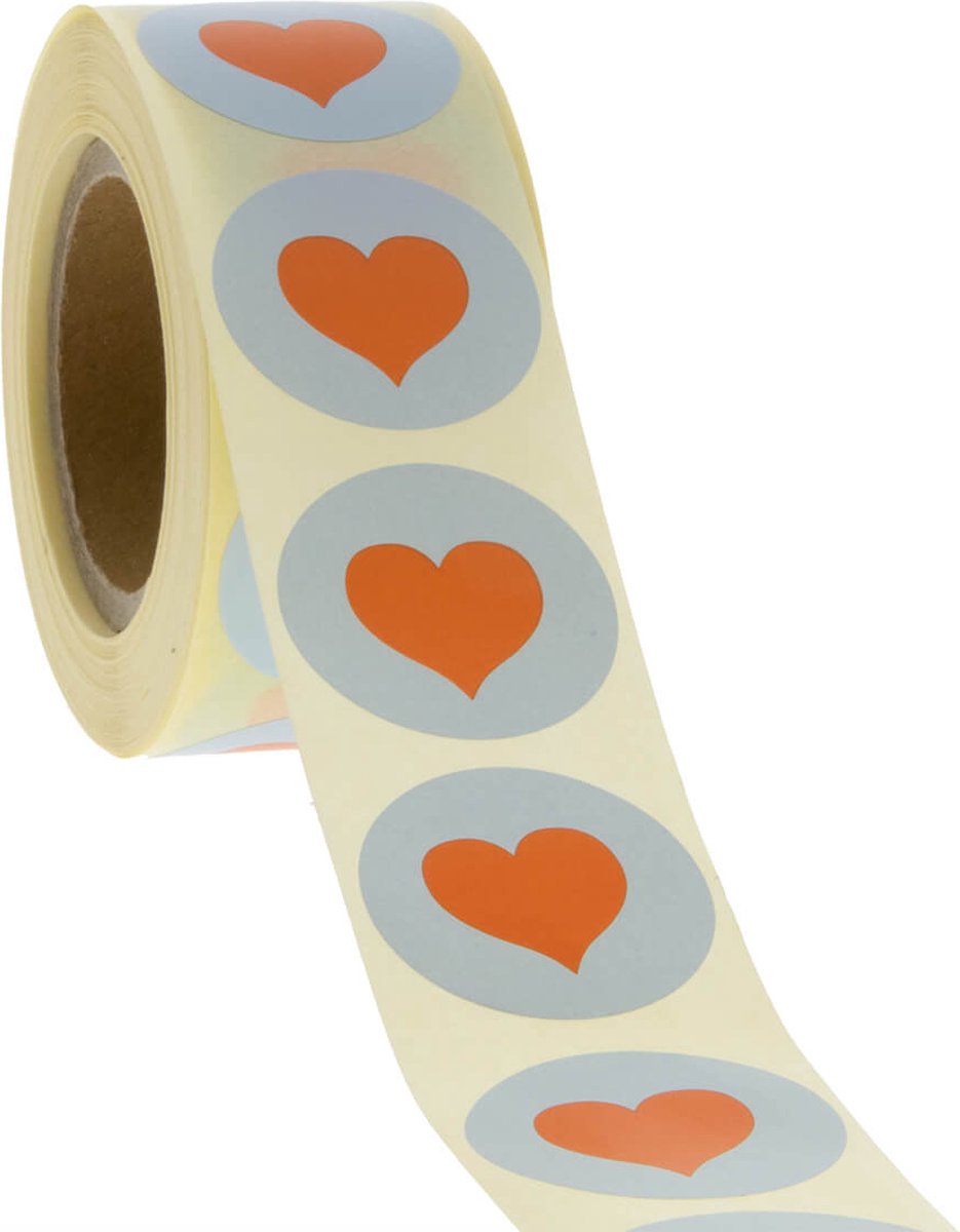 Cadeau stickers - 500 stuks - 'Hartje' Blauw-Oranje 30mm - Stickers volwassenen - Sluitstickers - Sluitzegel - Ronde stickers op rol