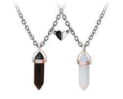 Bixorp Friends BFF Ketting voor 2 met Magnetisch Hartje & Kristallen Zwart/Wit - Zilverkleurig - Koppel Cadeau