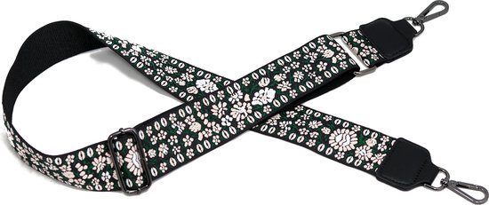 STUDIO Ivana SIT0308 - Gekleurde tassenband 5 cm met bloemenprint - Bagstrap met bloemen dessin - zwart/groen/lichtroze