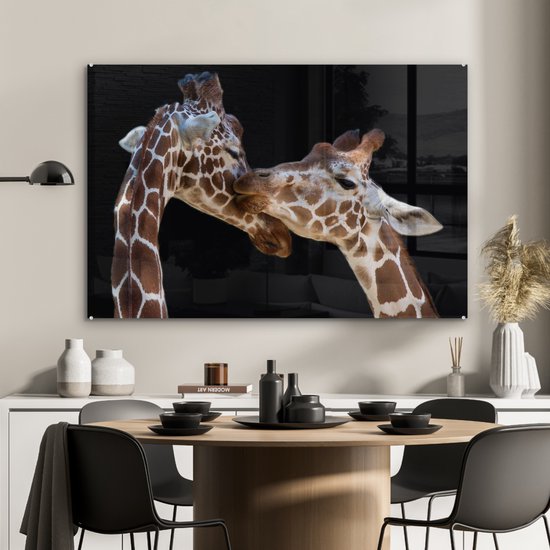 Glasschilderij - Giraffe - Dieren - Zwart - Portret - Glazen plaat - Schilderij glas - Wanddecoratie - 90x60 cm - Foto op glas