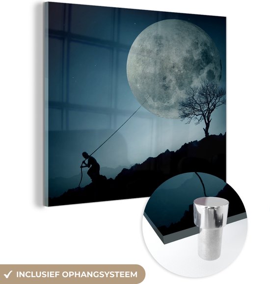 MuchoWow - Glasschilderij - Silhouette - Maan - Nacht - Natuur - Schilderij glas - 20x20 cm - Wanddecoratie - Foto op glas