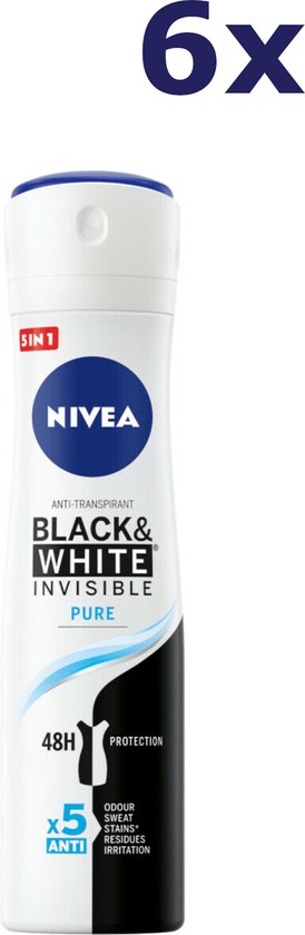 NIVEA Invisible For Black & White Pure - 6 x 150 ml - Voordeelverpakking - Deodorant Spray