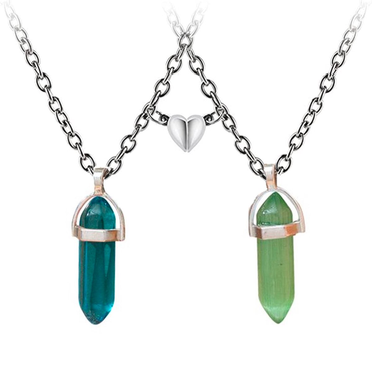 Bixorp Friends Vriendschapsketting voor 2 met Magnetisch Hartje & Kristallen Blauw/Groen - Zilverkleurig - Koppel Cadeau