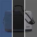 Collage van laptoptassen in het blauw, zwart en grijs, met details van het merk en de stof.