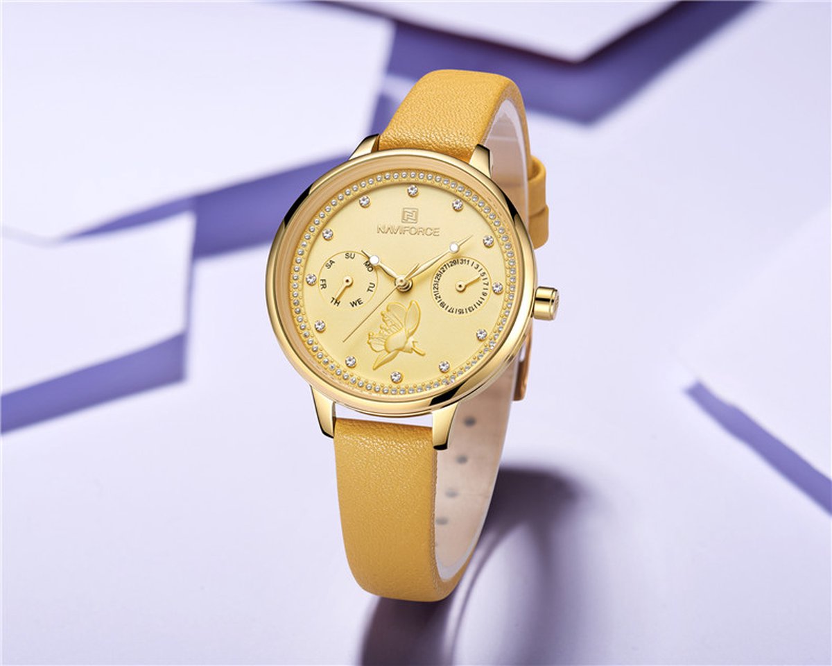 NAVIFORCE horloge met gele lederen polsband, lichtgele wijzerplaat en rosé gouden horlogekast voor dames met stijl ( model 5003 RGY )