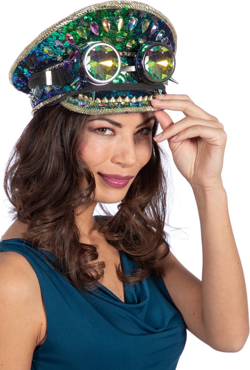 Wilbers & Wilbers - Steampunk Glamour Pet Met Bril - Burning Man - Groen, Zwart - One Size - Carnavalskleding - Verkleedkleding