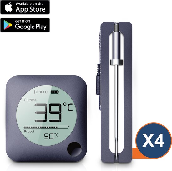 Claire BBQ thermometer - Vleesthermometer - Oventhermometer - Draadloos met app - Incl. Batterijen en 4 meetsondes