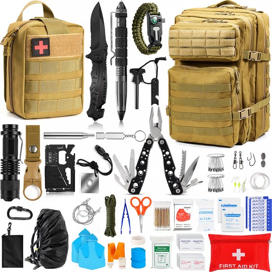 Survival Kit Outdoor - Tactische Rugzak - Survival armband - zakmes - paracord armband - vuursteen vuurstarter kit - zaklamp - kompas - Noodpakket - Outdoor camping survival set - Survival spullen - Cadeau man - XXL set - Bruin