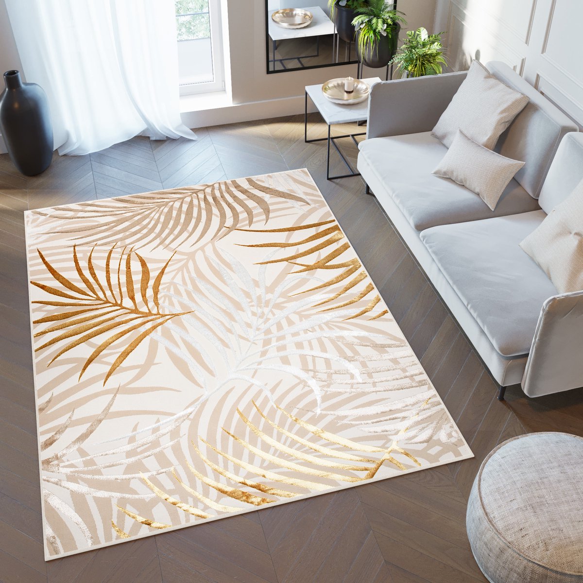 Tapiso Golden Vloerkleed Beige Licht Bladeren Modern Tapijt Maat- 200x300 Beige Oranje