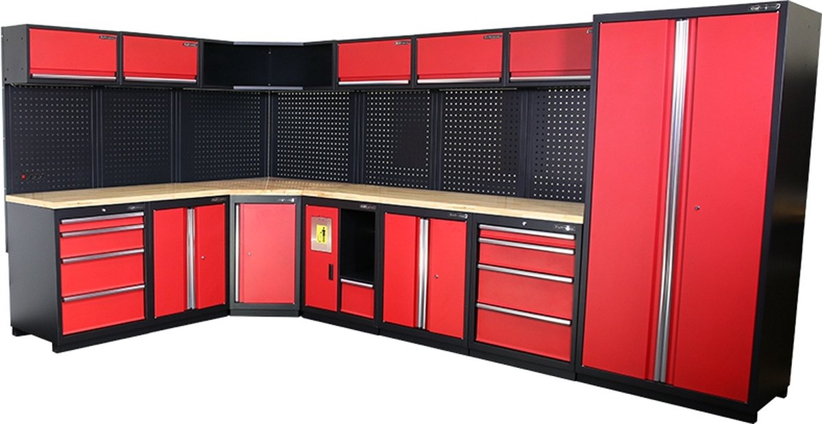 Kraftmeister werkplaatsinrichting - Werkbank met 6 wandkasten, 1 werkplaatskast, 3 opbergkasten, 1 prullenbak en eiken werkblad - Werktafel met 8 laden en gereedschapswand - Complete set voor werkplaats of garage - Rood