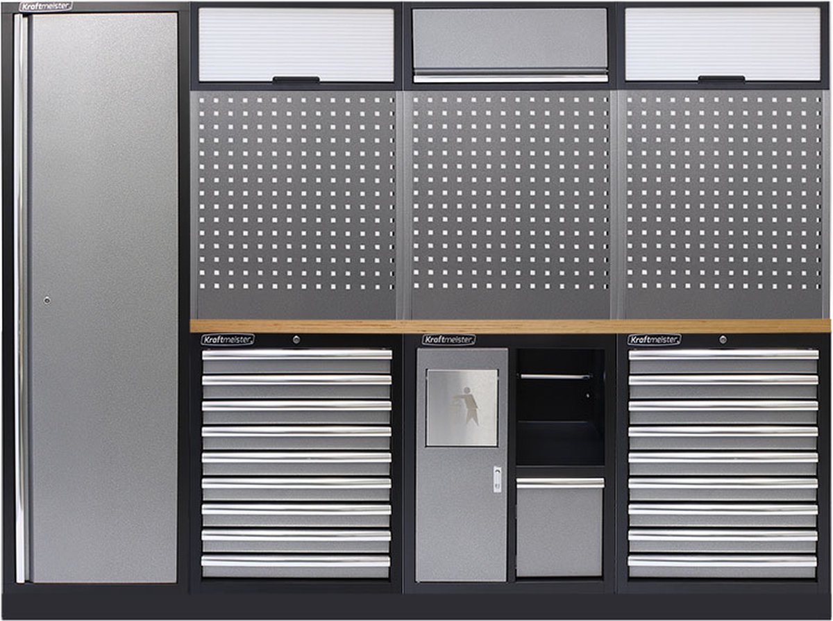 Kraftmeister werkplaatsinrichting - Werkbank met 3 wandkasten, 1 werkplaatskast en multiplex werkblad - Werktafel met 18 laden, 1 prullenbak met papierrolhouder en gereedschapswand - Complete set voor werkplaats of garage - Grijs