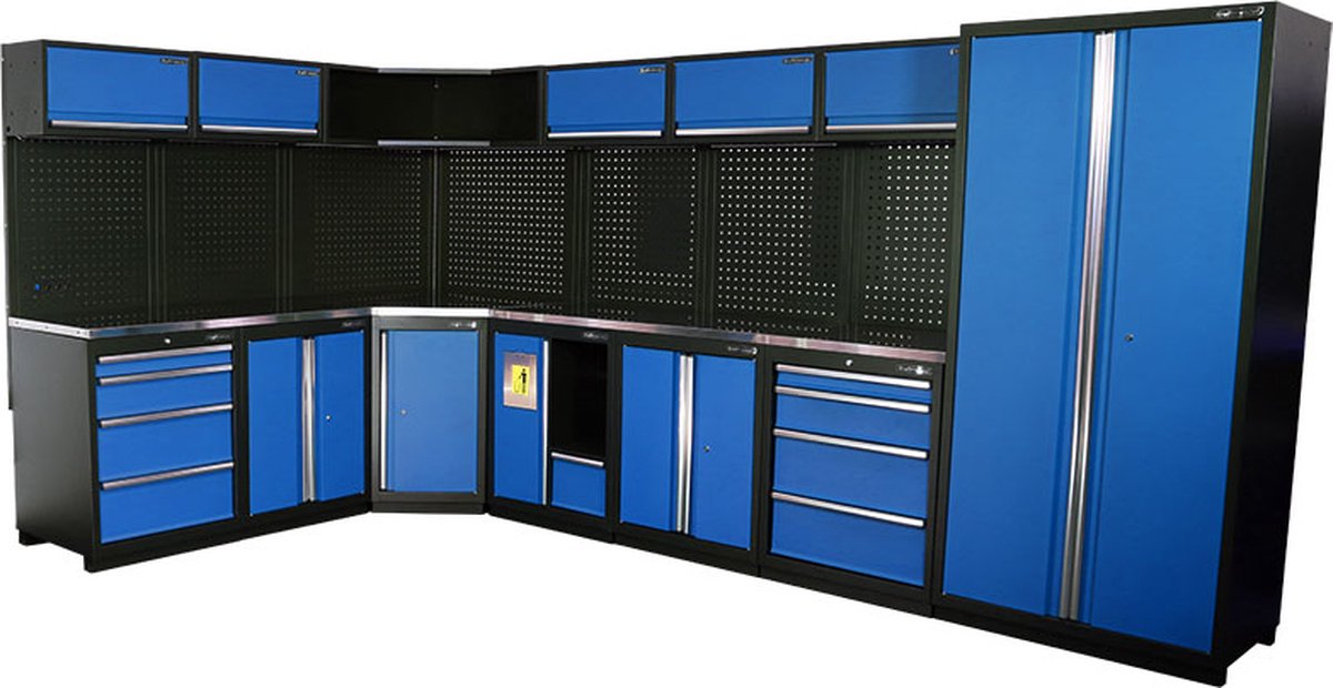 Kraftmeister werkplaatsinrichting - Werkbank met 6 wandkasten, 1 werkplaatskast, 3 opbergkasten, 1 prullenbak en RVS werkblad - Werktafel met 8 laden en gereedschapswand - Complete set voor werkplaats of garage - Blauw
