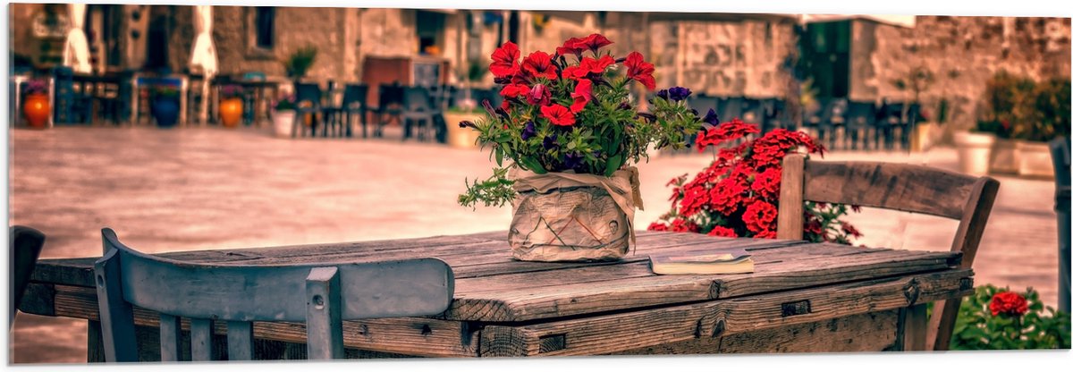 Acrylglas - Tafel - Pleintje - Bloemen - Stoelen - Parasol - Kleuren - 120x40 cm Foto op A