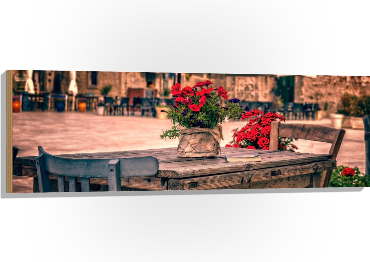 Hout - Tafel - Pleintje - Bloemen - Stoelen - Parasol - Kleuren - 120x40 cm - 9 mm dik - Foto op Hout (Met Ophangsysteem)